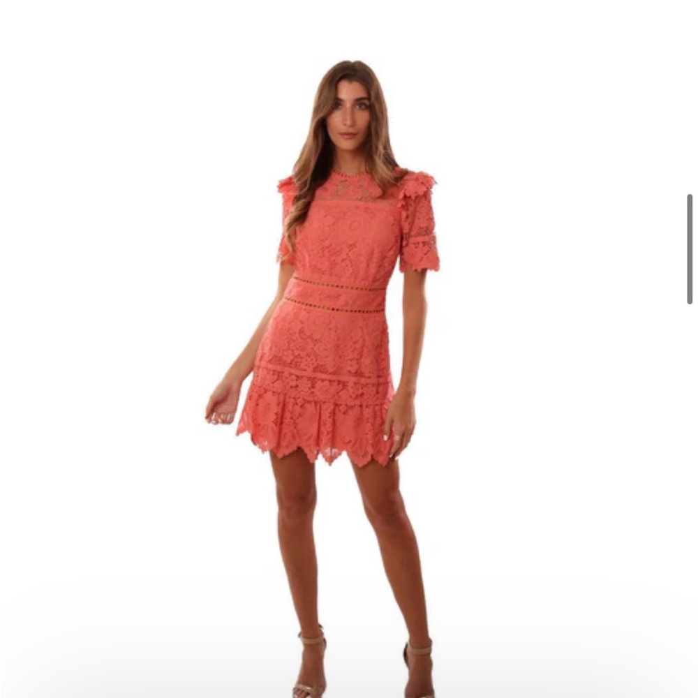 Saylor Darian Lace Mini Dress in Coral Pink, Size Medium